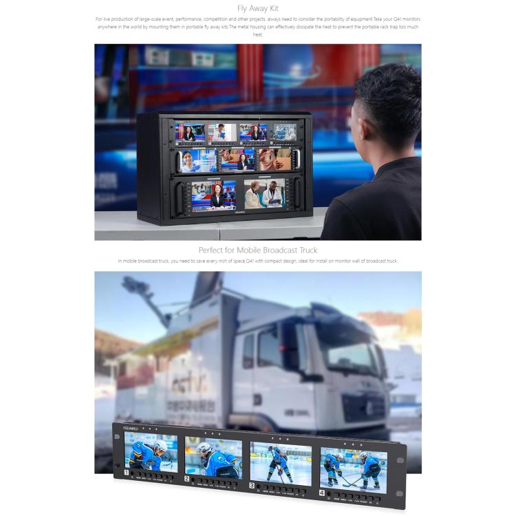 FEELWORLD Q41 Quad 4.5 inch 2RU Rackmount Monitor 3G-SDI 4K HDMI-compatible AV Input and Output, AU Plug(Black) - On-camera Monitors by FEELWORLD | Online Shopping UK | buy2fix