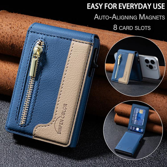 BFK31 Colorblock Zipper MagSafe Magnetic Leather Card Bag(Dark Blue) - Adhesive Card Holders by buy2fix | Online Shopping UK | buy2fix