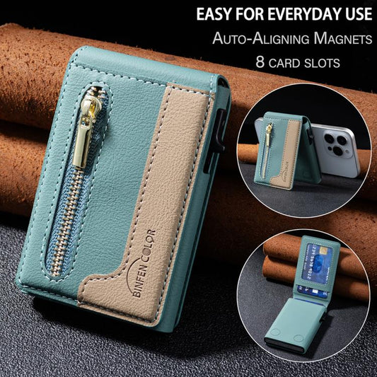 BFK31 Colorblock Zipper MagSafe Magnetic Leather Card Bag(Green) - Adhesive Card Holders by buy2fix | Online Shopping UK | buy2fix