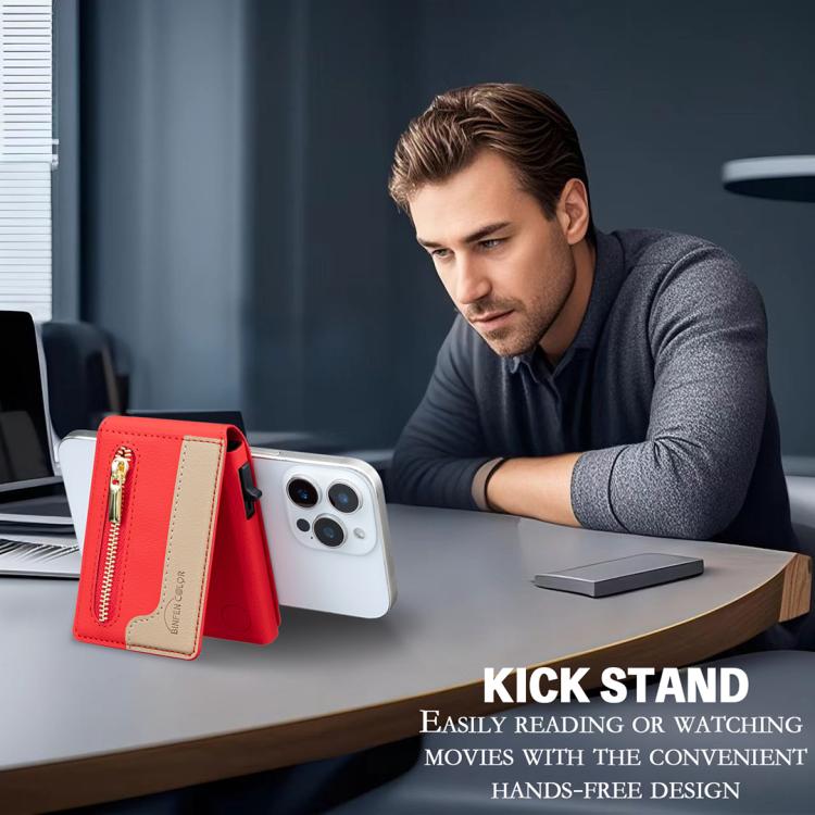 BFK31 Colorblock Zipper MagSafe Magnetic Leather Card Bag(Red) - Adhesive Card Holders by buy2fix | Online Shopping UK | buy2fix
