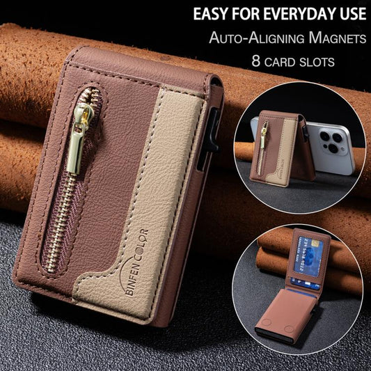 BFK31 Colorblock Zipper MagSafe Magnetic Leather Card Bag(Brown) - Adhesive Card Holders by buy2fix | Online Shopping UK | buy2fix