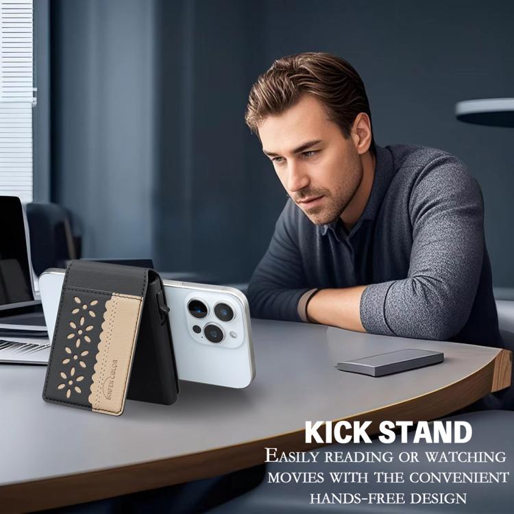 BFK30 Colorblock Flowers Magsafe Magnetic Leather Card Bag(Black) - Adhesive Card Holders by buy2fix | Online Shopping UK | buy2fix