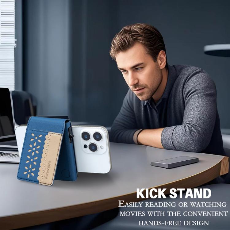 BFK30 Colorblock Flowers Magsafe Magnetic Leather Card Bag(Dark Blue) - Adhesive Card Holders by buy2fix | Online Shopping UK | buy2fix