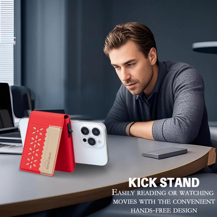 BFK30 Colorblock Flowers Magsafe Magnetic Leather Card Bag(Red) - Adhesive Card Holders by buy2fix | Online Shopping UK | buy2fix