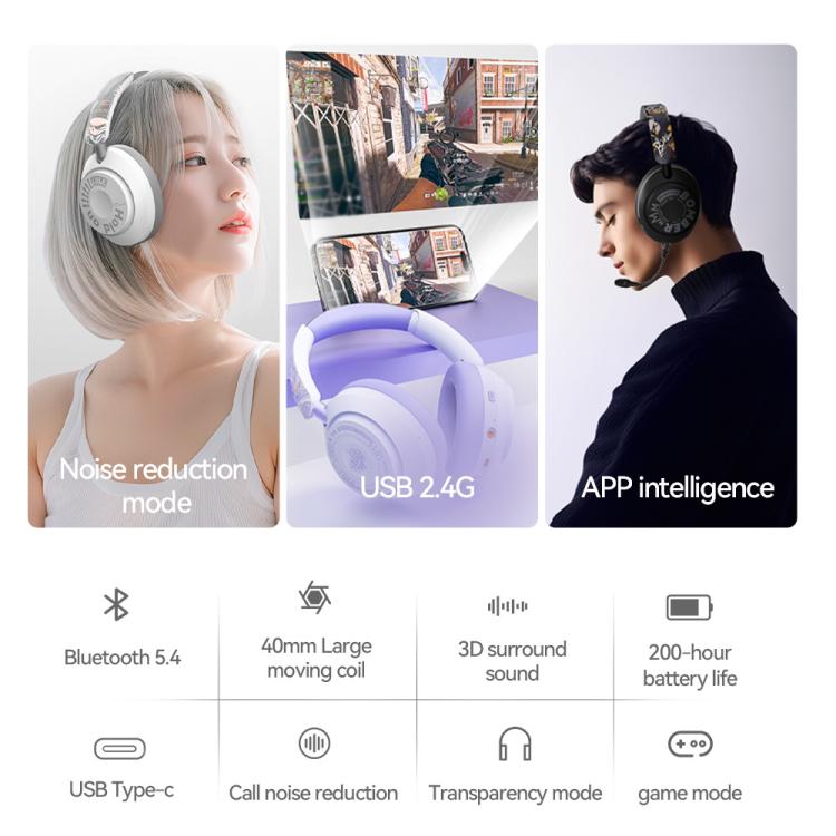 GT-3 Wireless Bluetooth Stereo ANC Gaming Music Headphone with 2.4G USB Drive(Purple) - Headset & Headphone by buy2fix | Online Shopping UK | buy2fix