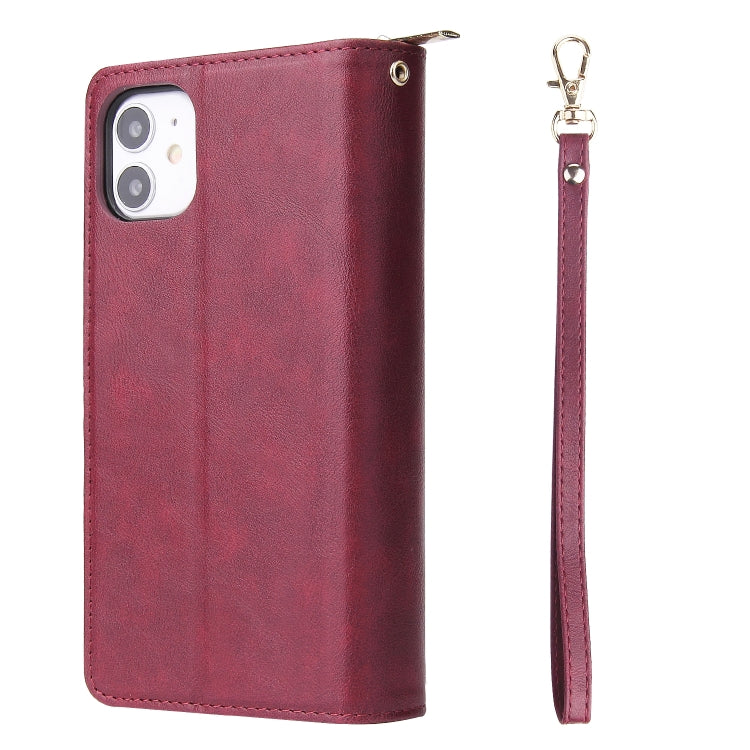 For iPhone 11 Zipper Wallet Bag Horizontal Flip PU Leather Case with Holder & 9 Card Slots & Wallet & Lanyard & Photo Frame(Wine Red) - iPhone 11 Cases by buy2fix | Online Shopping UK | buy2fix