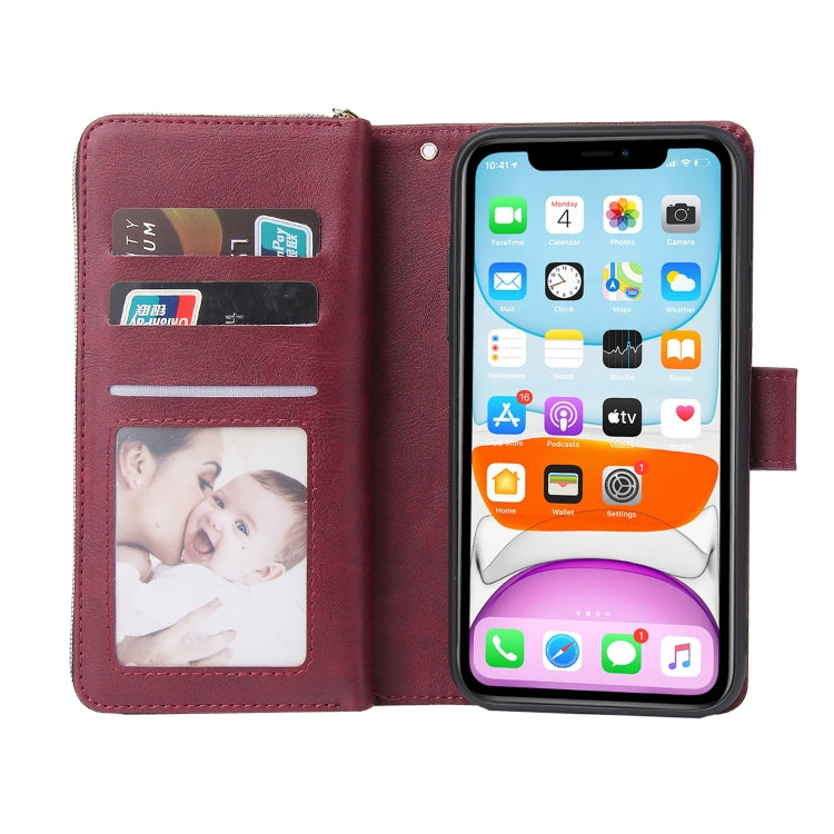 For iPhone 11 Zipper Wallet Bag Horizontal Flip PU Leather Case with Holder & 9 Card Slots & Wallet & Lanyard & Photo Frame(Wine Red) - iPhone 11 Cases by buy2fix | Online Shopping UK | buy2fix