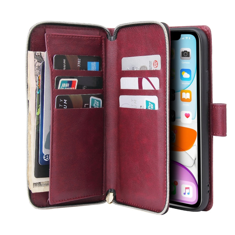 For iPhone 11 Zipper Wallet Bag Horizontal Flip PU Leather Case with Holder & 9 Card Slots & Wallet & Lanyard & Photo Frame(Wine Red) - iPhone 11 Cases by buy2fix | Online Shopping UK | buy2fix