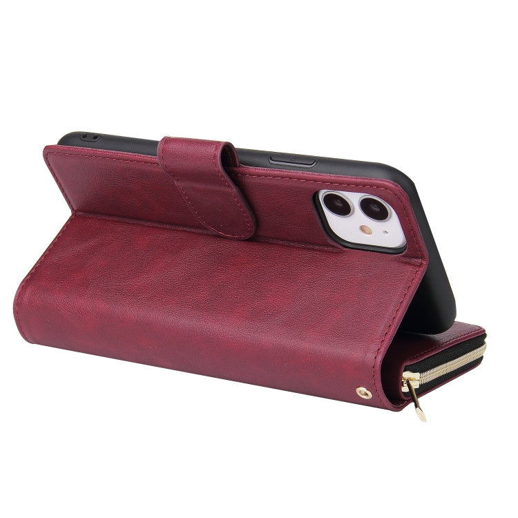 For iPhone 11 Zipper Wallet Bag Horizontal Flip PU Leather Case with Holder & 9 Card Slots & Wallet & Lanyard & Photo Frame(Wine Red) - iPhone 11 Cases by buy2fix | Online Shopping UK | buy2fix