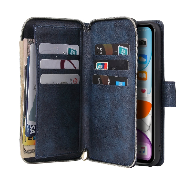 For iPhone 11 Zipper Wallet Bag Horizontal Flip PU Leather Case with Holder & 9 Card Slots & Wallet & Lanyard & Photo Frame(Blue) - iPhone 11 Cases by buy2fix | Online Shopping UK | buy2fix