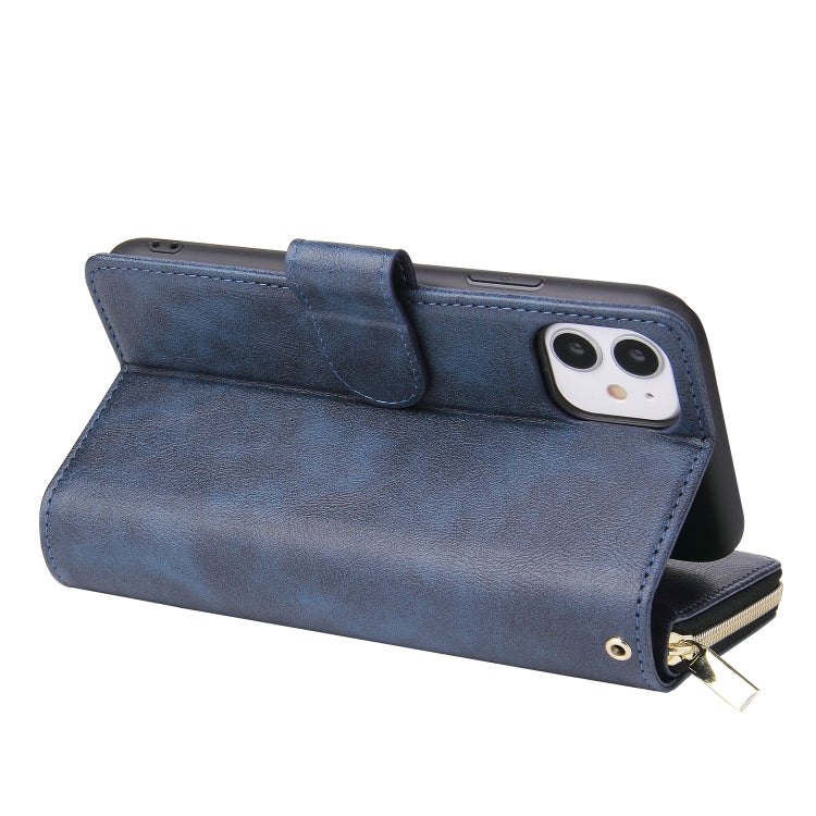 For iPhone 11 Zipper Wallet Bag Horizontal Flip PU Leather Case with Holder & 9 Card Slots & Wallet & Lanyard & Photo Frame(Blue) - iPhone 11 Cases by buy2fix | Online Shopping UK | buy2fix