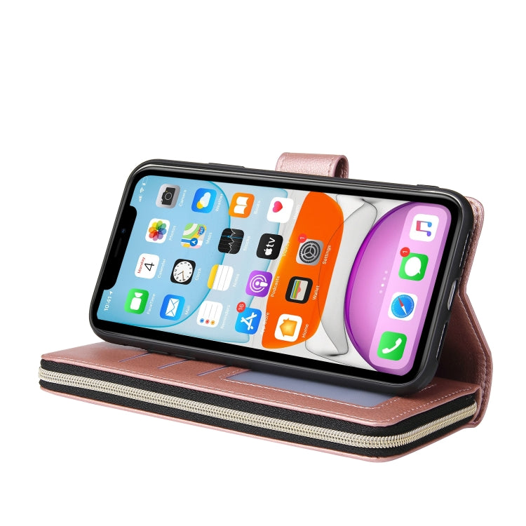 For iPhone 11 Pro Max Zipper Wallet Bag Horizontal Flip PU Leather Case with Holder & 9 Card Slots & Wallet & Lanyard & Photo Frame(Rose Gold) - iPhone 11 Pro Max Cases by buy2fix | Online Shopping UK | buy2fix