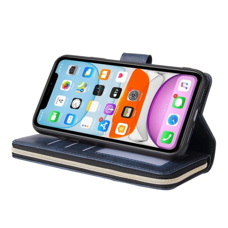 For iPhone 11 Pro Max Zipper Wallet Bag Horizontal Flip PU Leather Case with Holder & 9 Card Slots & Wallet & Lanyard & Photo Frame(Blue) - iPhone 11 Pro Max Cases by buy2fix | Online Shopping UK | buy2fix