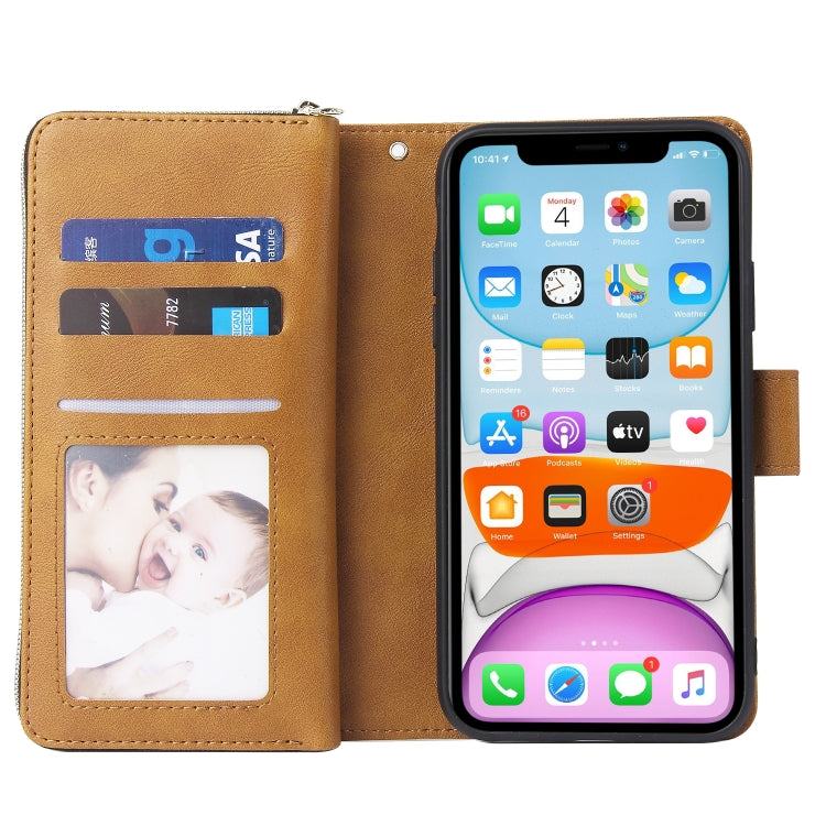For iPhone 11 Pro Max Zipper Wallet Bag Horizontal Flip PU Leather Case with Holder & 9 Card Slots & Wallet & Lanyard & Photo Frame(Brown) - iPhone 11 Pro Max Cases by buy2fix | Online Shopping UK | buy2fix