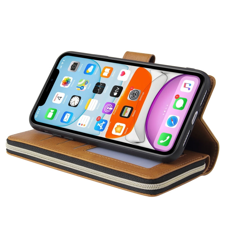 For iPhone 11 Pro Max Zipper Wallet Bag Horizontal Flip PU Leather Case with Holder & 9 Card Slots & Wallet & Lanyard & Photo Frame(Brown) - iPhone 11 Pro Max Cases by buy2fix | Online Shopping UK | buy2fix