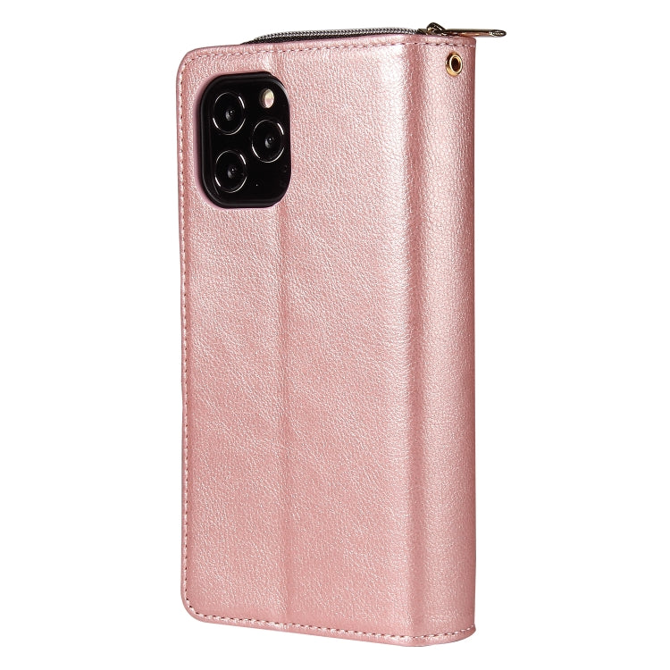For iPhone 12 / 12 Pro Zipper Wallet Bag Horizontal Flip PU Leather Case with Holder & 9 Card Slots & Wallet & Lanyard & Photo Frame(Rose Gold) - iPhone 12 / 12 Pro Cases by buy2fix | Online Shopping UK | buy2fix