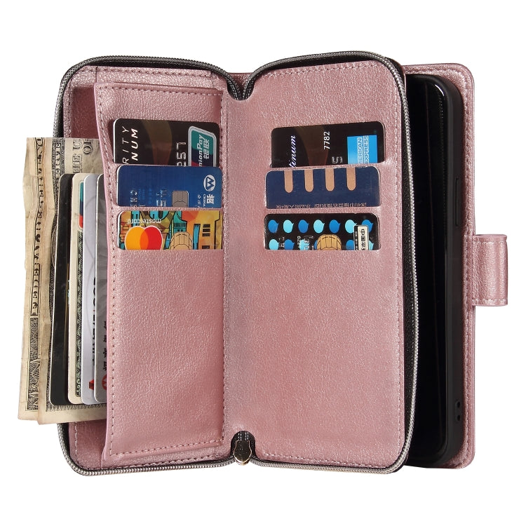 For iPhone 12 / 12 Pro Zipper Wallet Bag Horizontal Flip PU Leather Case with Holder & 9 Card Slots & Wallet & Lanyard & Photo Frame(Rose Gold) - iPhone 12 / 12 Pro Cases by buy2fix | Online Shopping UK | buy2fix
