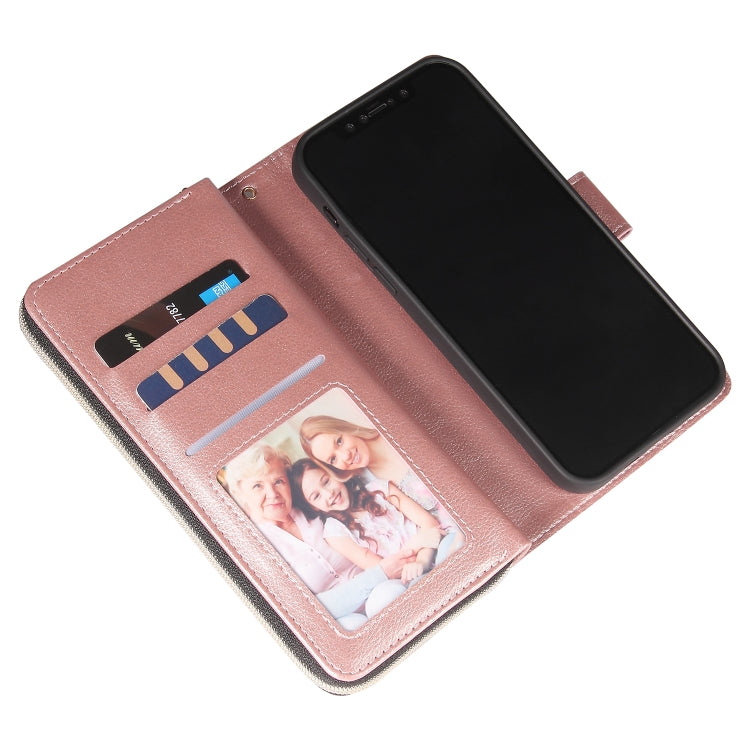 For iPhone 12 / 12 Pro Zipper Wallet Bag Horizontal Flip PU Leather Case with Holder & 9 Card Slots & Wallet & Lanyard & Photo Frame(Rose Gold) - iPhone 12 / 12 Pro Cases by buy2fix | Online Shopping UK | buy2fix
