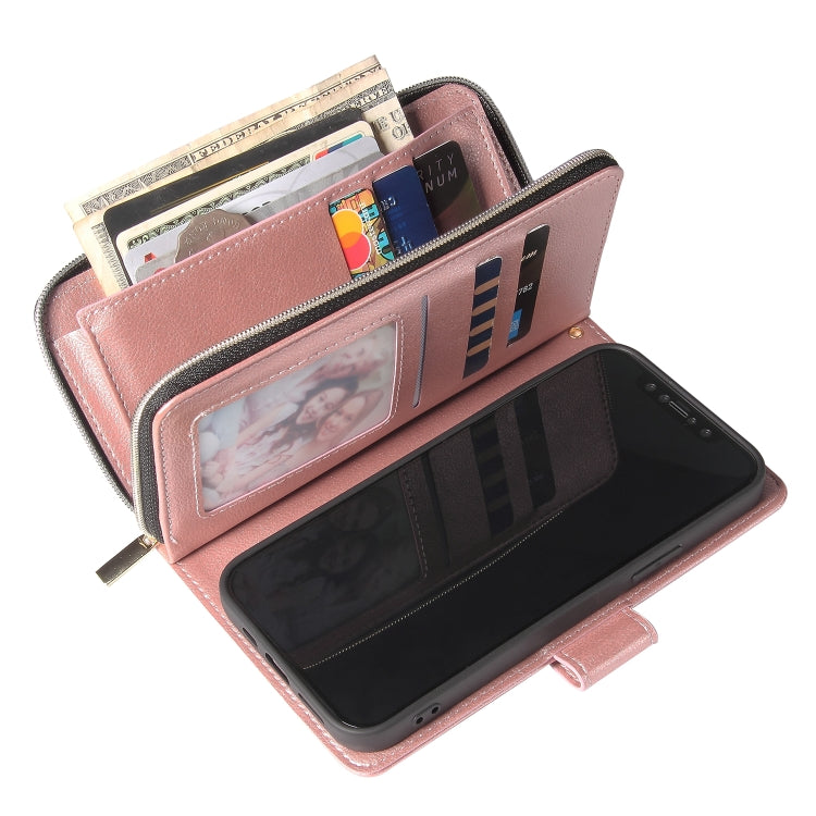For iPhone 12 / 12 Pro Zipper Wallet Bag Horizontal Flip PU Leather Case with Holder & 9 Card Slots & Wallet & Lanyard & Photo Frame(Rose Gold) - iPhone 12 / 12 Pro Cases by buy2fix | Online Shopping UK | buy2fix