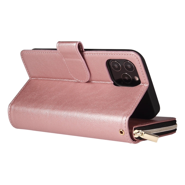 For iPhone 12 / 12 Pro Zipper Wallet Bag Horizontal Flip PU Leather Case with Holder & 9 Card Slots & Wallet & Lanyard & Photo Frame(Rose Gold) - iPhone 12 / 12 Pro Cases by buy2fix | Online Shopping UK | buy2fix