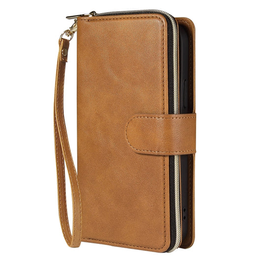 For iPhone 12 / 12 Pro Zipper Wallet Bag Horizontal Flip PU Leather Case with Holder & 9 Card Slots & Wallet & Lanyard & Photo Frame(Brown) - iPhone 12 / 12 Pro Cases by buy2fix | Online Shopping UK | buy2fix