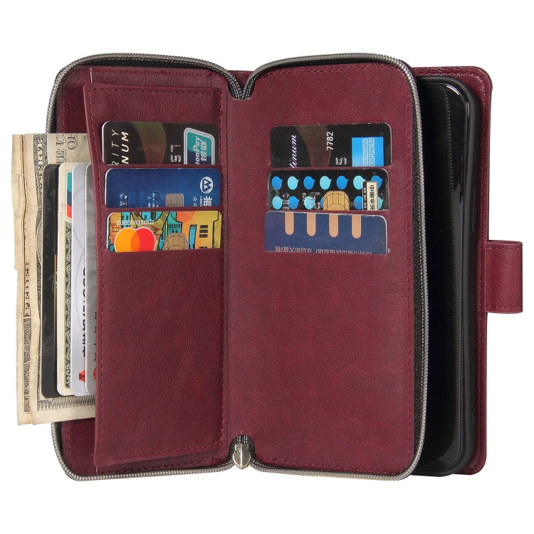 For iPhone 12 Pro Max Zipper Wallet Bag Horizontal Flip PU Leather Case with Holder & 9 Card Slots & Wallet & Lanyard & Photo Frame(Wine Red) - iPhone 12 Pro Max Cases by buy2fix | Online Shopping UK | buy2fix