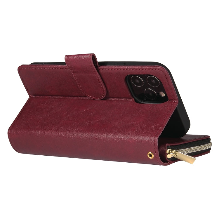 For iPhone 12 Pro Max Zipper Wallet Bag Horizontal Flip PU Leather Case with Holder & 9 Card Slots & Wallet & Lanyard & Photo Frame(Wine Red) - iPhone 12 Pro Max Cases by buy2fix | Online Shopping UK | buy2fix