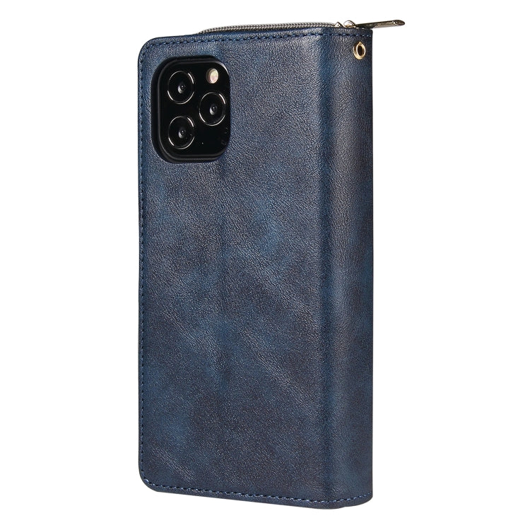 For iPhone 12 Pro Max Zipper Wallet Bag Horizontal Flip PU Leather Case with Holder & 9 Card Slots & Wallet & Lanyard & Photo Frame(Blue) - iPhone 12 Pro Max Cases by buy2fix | Online Shopping UK | buy2fix