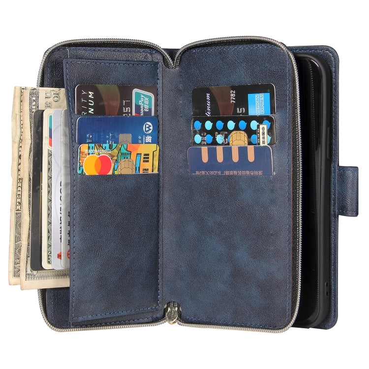 For iPhone 12 Pro Max Zipper Wallet Bag Horizontal Flip PU Leather Case with Holder & 9 Card Slots & Wallet & Lanyard & Photo Frame(Blue) - iPhone 12 Pro Max Cases by buy2fix | Online Shopping UK | buy2fix