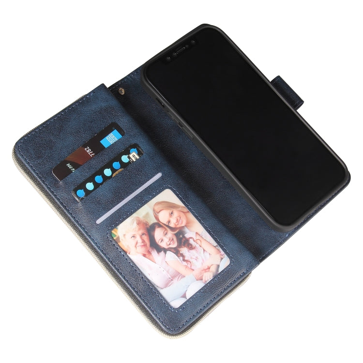 For iPhone 12 Pro Max Zipper Wallet Bag Horizontal Flip PU Leather Case with Holder & 9 Card Slots & Wallet & Lanyard & Photo Frame(Blue) - iPhone 12 Pro Max Cases by buy2fix | Online Shopping UK | buy2fix
