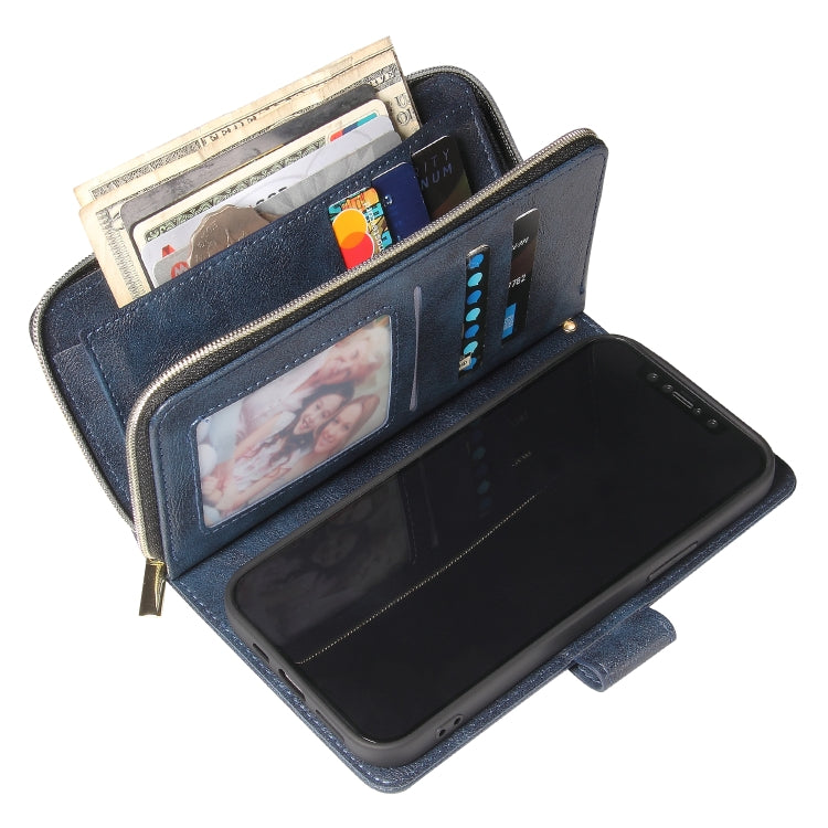 For iPhone 12 Pro Max Zipper Wallet Bag Horizontal Flip PU Leather Case with Holder & 9 Card Slots & Wallet & Lanyard & Photo Frame(Blue) - iPhone 12 Pro Max Cases by buy2fix | Online Shopping UK | buy2fix