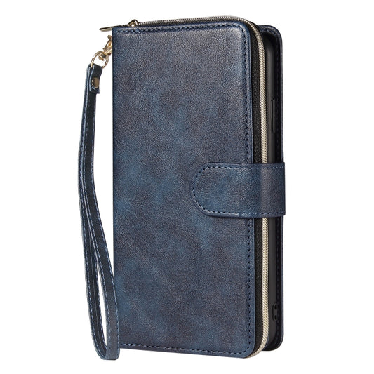 For iPhone X / XS Zipper Wallet Bag Horizontal Flip PU Leather Case with Holder & 9 Card Slots & Wallet & Lanyard & Photo Frame(Blue) - More iPhone Cases by buy2fix | Online Shopping UK | buy2fix