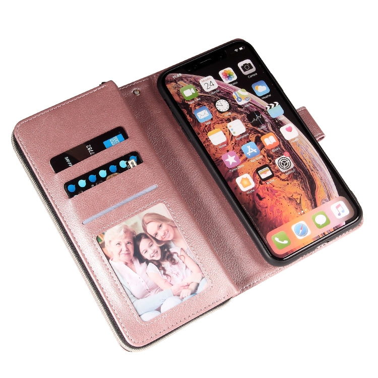 For iPhone XR Zipper Wallet Bag Horizontal Flip PU Leather Case with Holder & 9 Card Slots & Wallet & Lanyard & Photo Frame(Rose Gold) - More iPhone Cases by buy2fix | Online Shopping UK | buy2fix