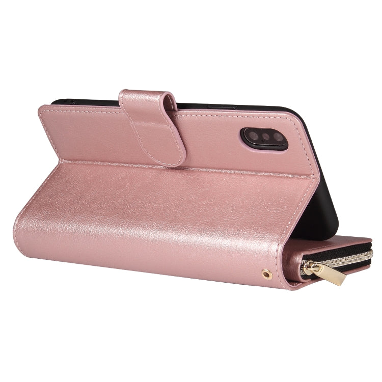 For iPhone XR Zipper Wallet Bag Horizontal Flip PU Leather Case with Holder & 9 Card Slots & Wallet & Lanyard & Photo Frame(Rose Gold) - More iPhone Cases by buy2fix | Online Shopping UK | buy2fix