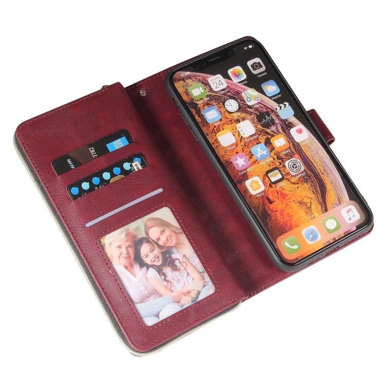For iPhone XR Zipper Wallet Bag Horizontal Flip PU Leather Case with Holder & 9 Card Slots & Wallet & Lanyard & Photo Frame(Wine Red) - More iPhone Cases by buy2fix | Online Shopping UK | buy2fix