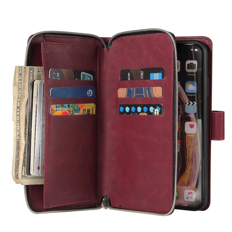 For iPhone XR Zipper Wallet Bag Horizontal Flip PU Leather Case with Holder & 9 Card Slots & Wallet & Lanyard & Photo Frame(Wine Red) - More iPhone Cases by buy2fix | Online Shopping UK | buy2fix