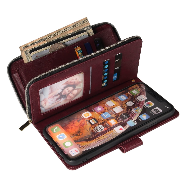 For iPhone XR Zipper Wallet Bag Horizontal Flip PU Leather Case with Holder & 9 Card Slots & Wallet & Lanyard & Photo Frame(Wine Red) - More iPhone Cases by buy2fix | Online Shopping UK | buy2fix