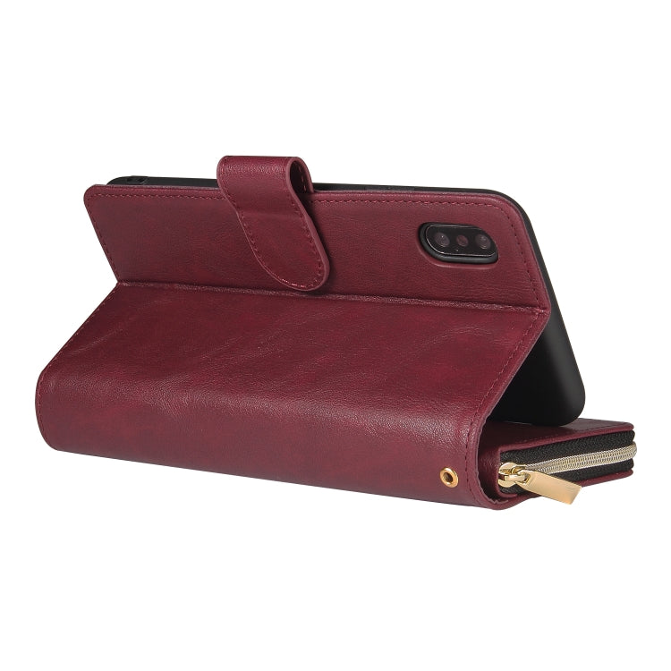For iPhone XR Zipper Wallet Bag Horizontal Flip PU Leather Case with Holder & 9 Card Slots & Wallet & Lanyard & Photo Frame(Wine Red) - More iPhone Cases by buy2fix | Online Shopping UK | buy2fix