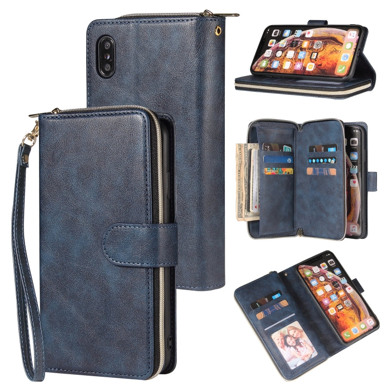 For iPhone XR Zipper Wallet Bag Horizontal Flip PU Leather Case with Holder & 9 Card Slots & Wallet & Lanyard & Photo Frame(Blue) - More iPhone Cases by buy2fix | Online Shopping UK | buy2fix