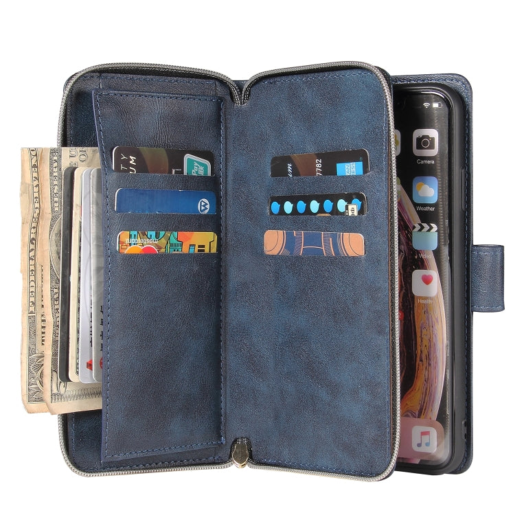 For iPhone XR Zipper Wallet Bag Horizontal Flip PU Leather Case with Holder & 9 Card Slots & Wallet & Lanyard & Photo Frame(Blue) - More iPhone Cases by buy2fix | Online Shopping UK | buy2fix