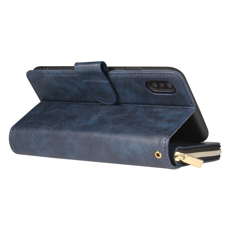 For iPhone XR Zipper Wallet Bag Horizontal Flip PU Leather Case with Holder & 9 Card Slots & Wallet & Lanyard & Photo Frame(Blue) - More iPhone Cases by buy2fix | Online Shopping UK | buy2fix