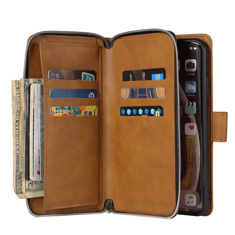 For iPhone XR Zipper Wallet Bag Horizontal Flip PU Leather Case with Holder & 9 Card Slots & Wallet & Lanyard & Photo Frame(Brown) - More iPhone Cases by buy2fix | Online Shopping UK | buy2fix
