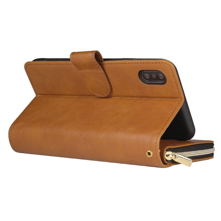 For iPhone XS Max Zipper Wallet Bag Horizontal Flip PU Leather Case with Holder & 9 Card Slots & Wallet & Lanyard & Photo Frame(Brown) - More iPhone Cases by buy2fix | Online Shopping UK | buy2fix