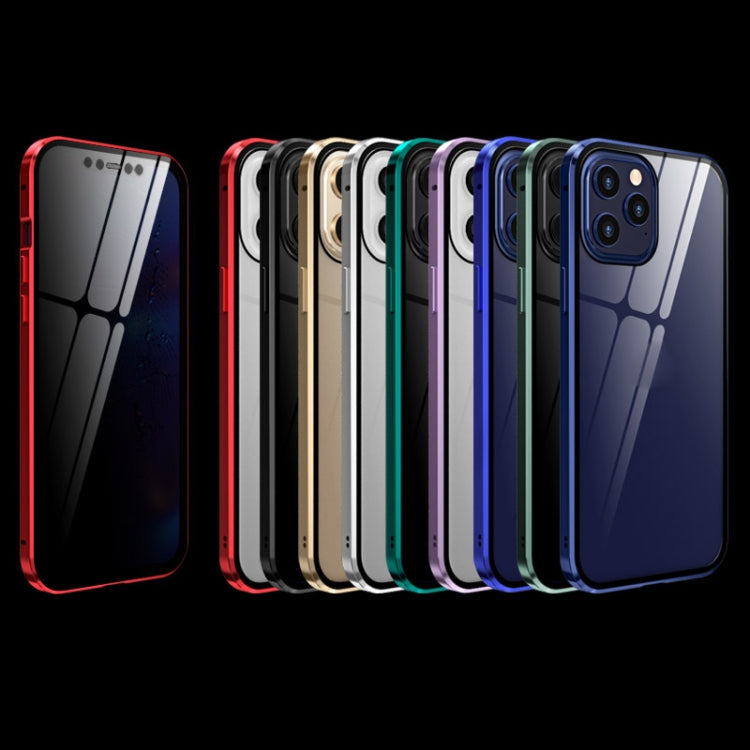 For iPhone 12 mini Double Sides Tempered Glass Magnetic Adsorption Metal Frame Anti-peep Screen Case (Blue Purple) by buy2fix