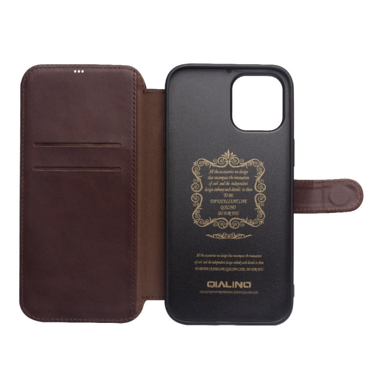 For iPhone 12 / 12 Pro QIALINO Business Magnetic Horizontal Flip Leather Case with Card Slots & Wallet(Dark Brown) by QIALINO