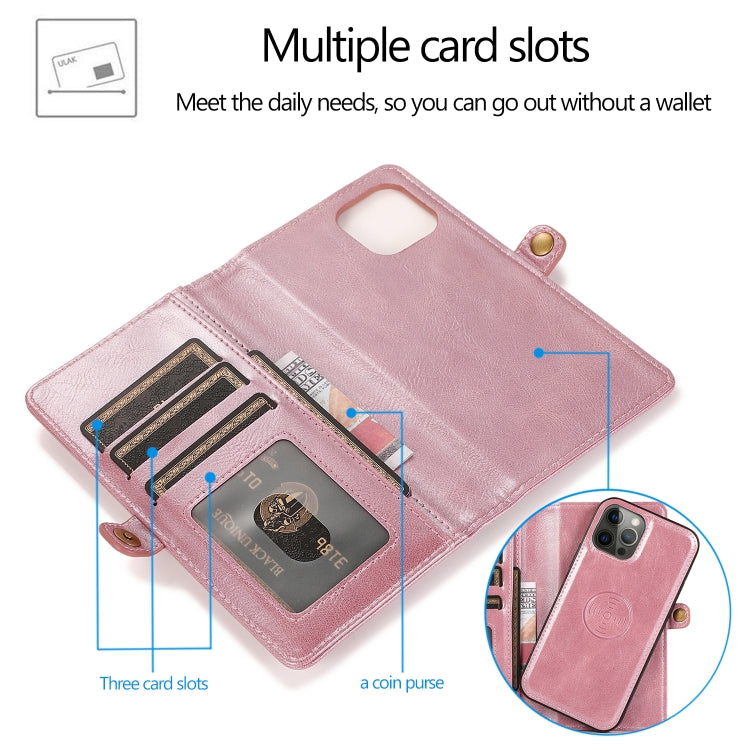 For iPhone 12 / 12 Pro Multiple Card Slots Detachable Magnetic Horizontal Flip Leather Case with Card Slots & Holder & Wallet(Rose Gold) - iPhone 12 / 12 Pro Cases by buy2fix | Online Shopping UK | buy2fix