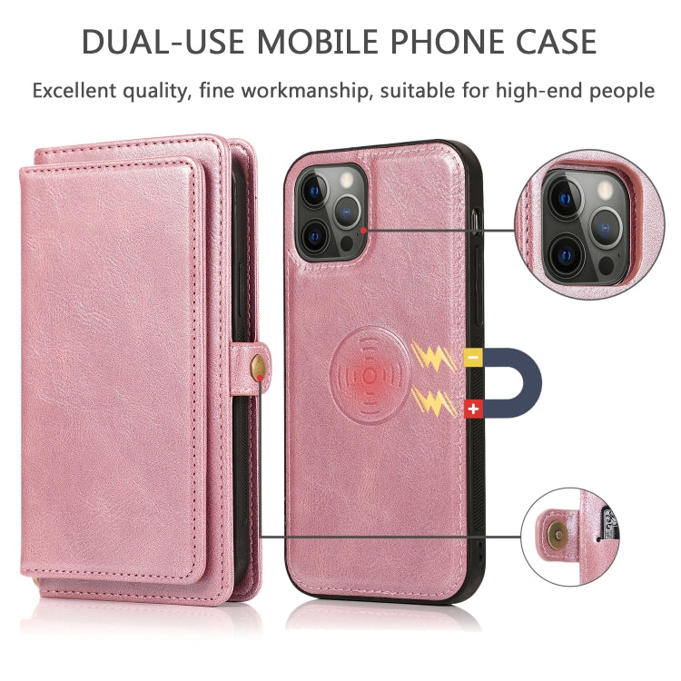 For iPhone 12 Pro Max Multiple Card Slots Detachable Magnetic Horizontal Flip Leather Case with Card Slots & Holder & Wallet(Rose Gold) - iPhone 12 Pro Max Cases by buy2fix | Online Shopping UK | buy2fix