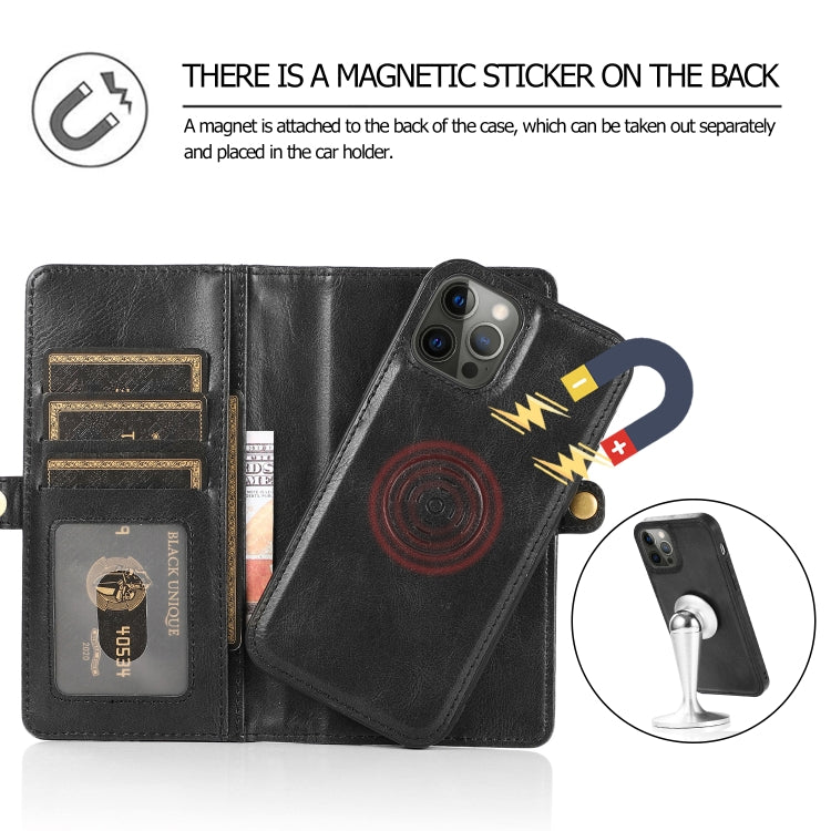 For iPhone 12 Pro Max Multiple Card Slots Detachable Magnetic Horizontal Flip Leather Case with Card Slots & Holder & Wallet(Black) - iPhone 12 Pro Max Cases by buy2fix | Online Shopping UK | buy2fix
