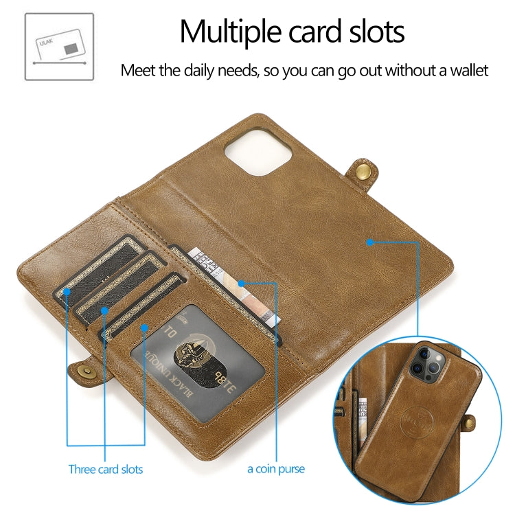 For iPhone 12 Pro Max Multiple Card Slots Detachable Magnetic Horizontal Flip Leather Case with Card Slots & Holder & Wallet(Brown) - iPhone 12 Pro Max Cases by buy2fix | Online Shopping UK | buy2fix