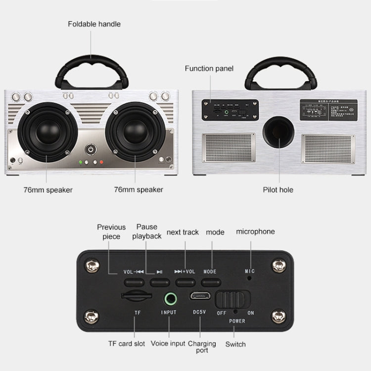 W9 Portable Retro Wooden Bluetooth Speaker, Support TF Card & 3.5mm AUX(Retro Silver) - Desktop Speaker by buy2fix | Online Shopping UK | buy2fix